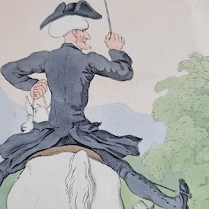 Peut inclure: Une illustration humoristique en noir et blanc de deux hommes à cheval. L'homme au premier plan est monté sur un cheval blanc et regarde par-dessus son épaule. L'homme à l'arrière-plan est monté sur un cheval brun et regarde l'homme au premier plan. Les deux hommes portent des chapeaux et des manteaux.