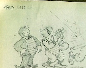Two Out - signed, original cartoon in pencil, A A &#39;Wally&#39; Wallgren