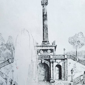 May include: A black and white ink drawing of a tall column with a statue on top. The column is surrounded by a stone structure with arches and steps. There are trees and people in the background.