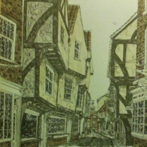 The Shambles, York - signed, hand tinted print, D A Heald