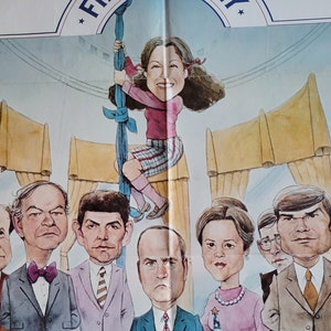 Könnte beinhalten: Eine Vintage-Cartoon-Illustration einer Familie, mit einer Frau, die an einem Seil hängt, und dem Text "FIRST FAMILY" in einem Kreis darüber.