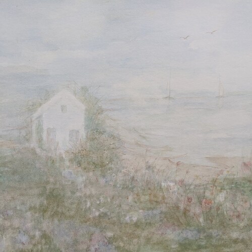 Lake Michigan Morning shops - watercolor on board, Jude