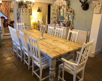 Custom Size Farmhouse Dining Table with Repurposed Wood and Turned Legs  Farmhouse Kitchen Table Rustic Dining Room Table
