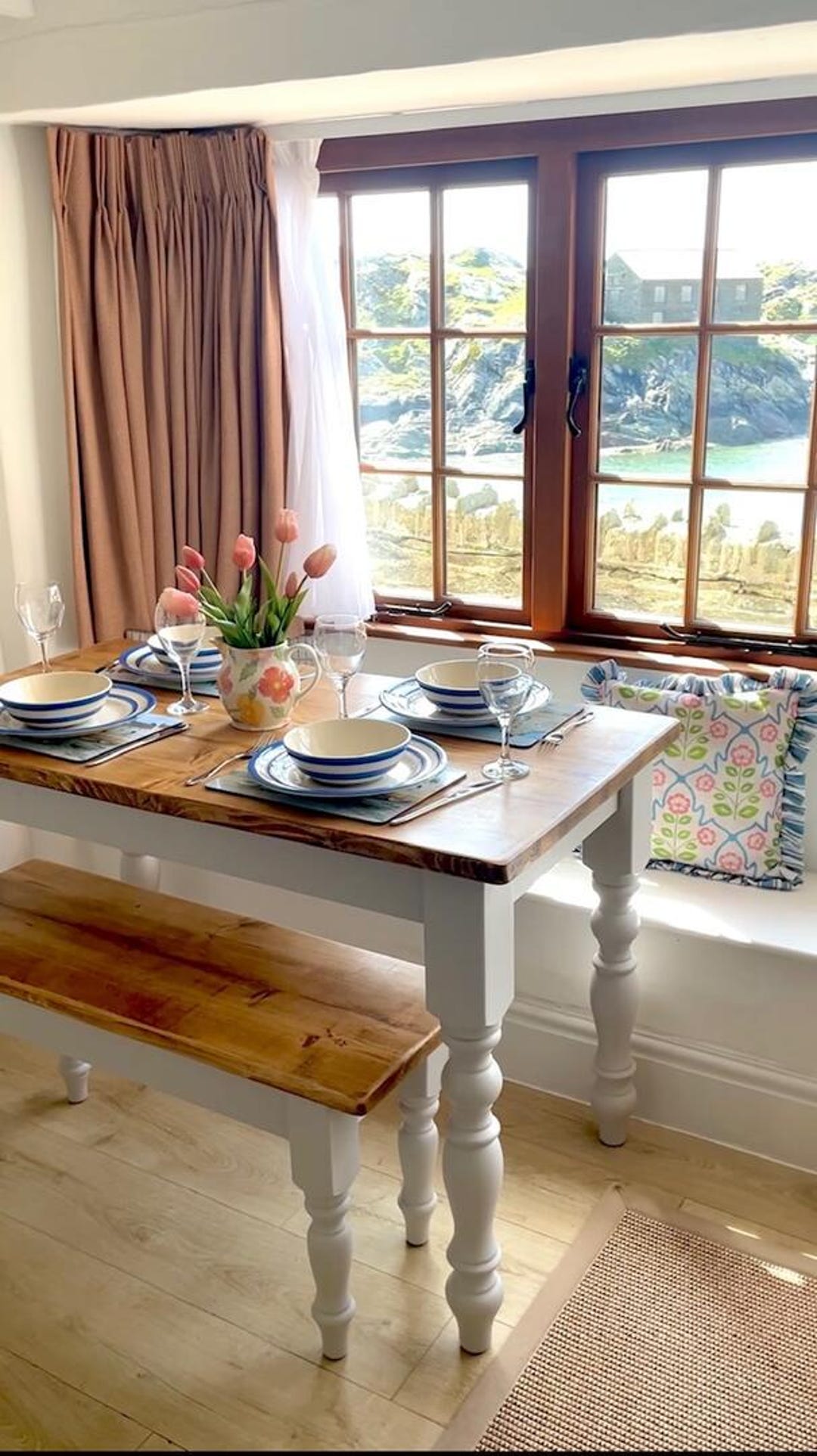 Narrow Handmade Farmhouse Dining Table Set With Bench | Rustic Wooden ...