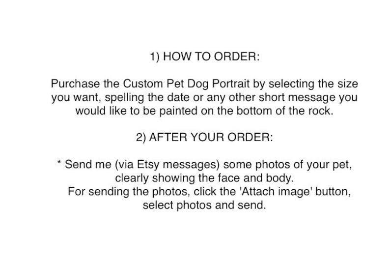May include: Instructions on how to order a custom pet dog portrait. The text explains to purchase the portrait, select the size, and add a date or message to be painted on the rock. It also instructs the buyer to send photos of their pet via Etsy messages.