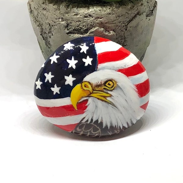 American Flag and Bald Eagle head portrait painted rocks, Unique bird painted stones, July Fourth gifts for him, Gifts for dad