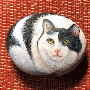 May include: Hand-painted rock art depicting a black and white cat with yellow eyes. The cat is curled up in a sleeping position. The rock is smooth and has a natural, rounded shape.