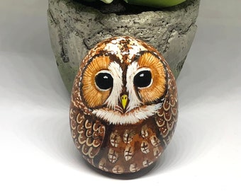 Tawny Owl Painted Rocks, Owl Gifts for Women, Houseplant decor, Windowsill decor,Planter pot ornament, Desk buddy, Cheer up gift