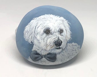 Custom Hand Painted Pet Head Portrait with Bluish Gray Background, Personalized Pet Memorial Painted Stones, Painting from Photo