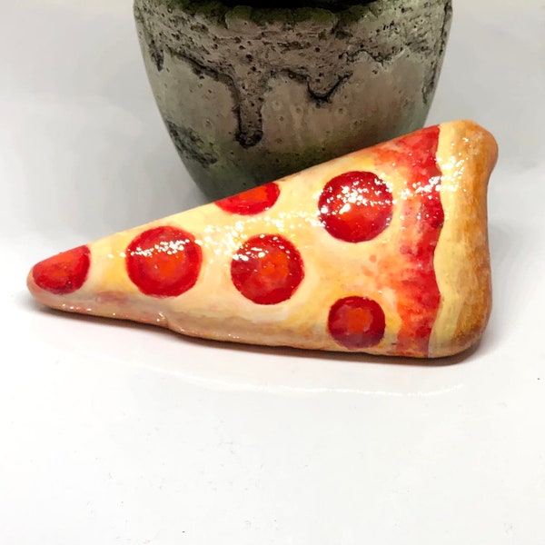 Pizza slice painted rock, Hand painted food art on rock, Mud Kitchen painted rocks, Pretend play food