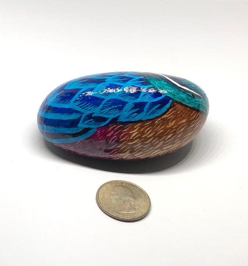 Wood duck painted rocks, Unique bird painted stone gifts for her, Water bird lovers gift, Paperweight art, Desk decor, Shelf sitter image 4