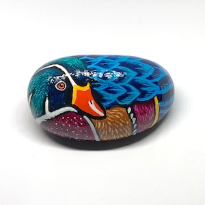 Wood duck painted rocks, Unique bird painted stone gifts for her, Water bird lovers gift, Paperweight art, Desk decor, Shelf sitter image 1