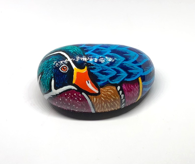 Wood duck painted rocks, Unique bird painted stone gifts for her, Water bird lovers gift, Paperweight art, Desk decor, Shelf sitter image 1