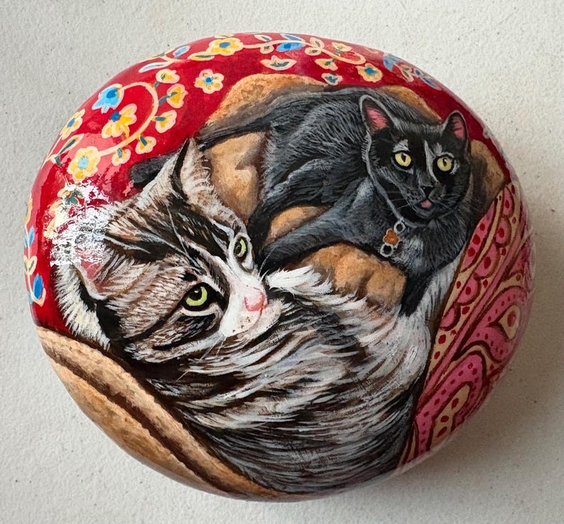 Custom Personalized Pet Portrait of Two Pets with background on Rock from Your Photograph, Personalized Pet Memorial Painted Stones image 3