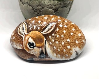 Fawn  painted rock,  unique deer painted stones for gift and home decor, paperweight rock