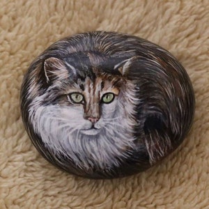 May include: Hand-painted rock art depicting a realistic portrait of a long-haired cat with green eyes. The cat is painted in shades of brown, white, and black.