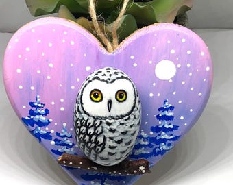 Small owl rock art, Owl pebble art ornament, Owl nursery decor, Small wall art, Desk decor, Christmas ornament