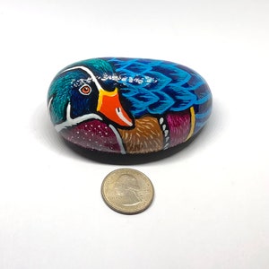 Wood duck painted rocks, Unique bird painted stone gifts for her, Water bird lovers gift, Paperweight art, Desk decor, Shelf sitter image 2