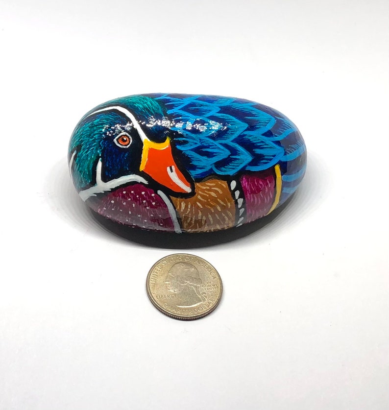 Wood duck painted rocks, Unique bird painted stone gifts for her, Water bird lovers gift, Paperweight art, Desk decor, Shelf sitter image 2