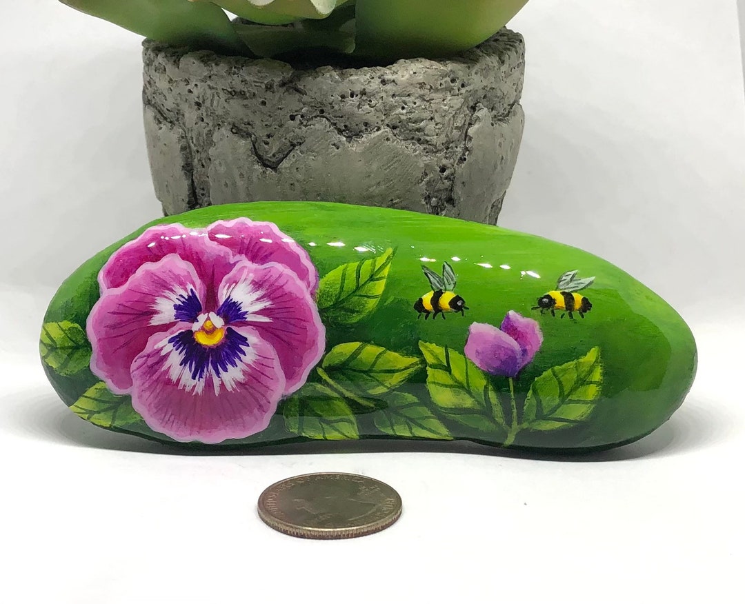 Pansy and Bees Painted Rocks for Gifts, Colorful Pansies Painted on