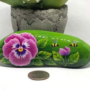 Pansy and bees painted rocks for gifts, Colorful pansies painted on stone, Mothers day gift, Spring decorations, Floral designs on rock