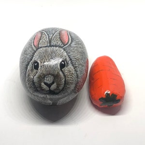 Gray rabbit and carrot painted rocks, Bunny painted stones for Easter, Painted animal rocks for home and garden decor, Cottontail