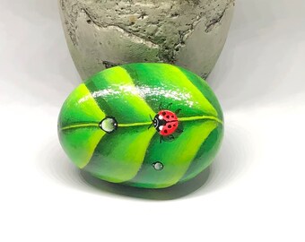 Green leaf and ladybug painted rocks for planter decoration, Painted stones for garden decor, Nature lover’s gift, Shelf sitter