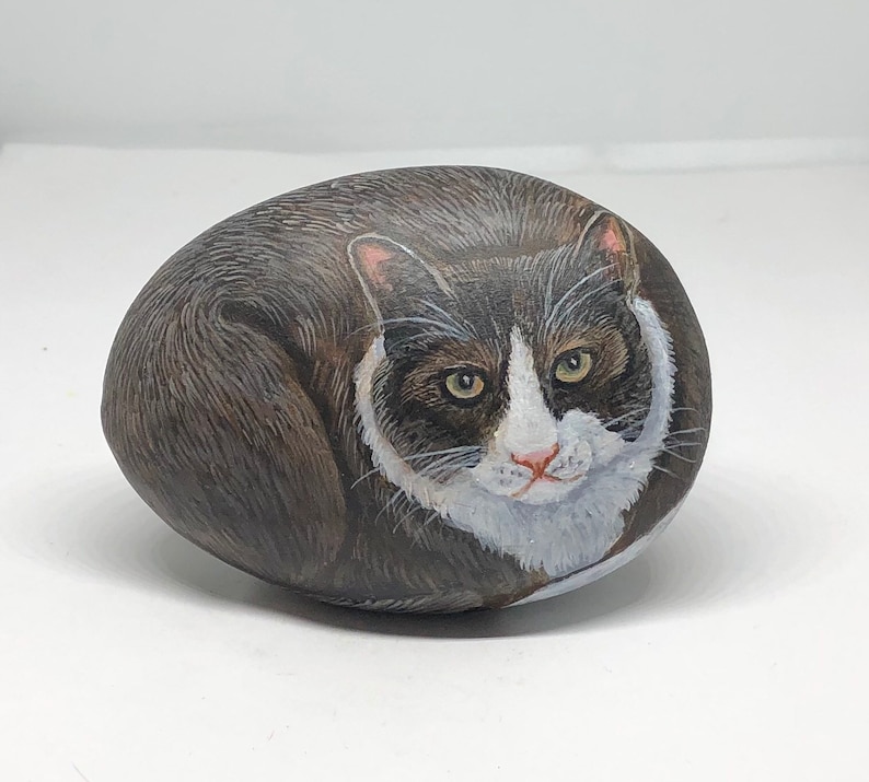 May include: A hand-painted rock with a realistic depiction of a black and white cat with green eyes. The cat is curled up in a sleeping position.