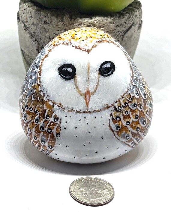 Barn Owl Painted Rocks, Size 3x3 Inches, Hand Painted Unique