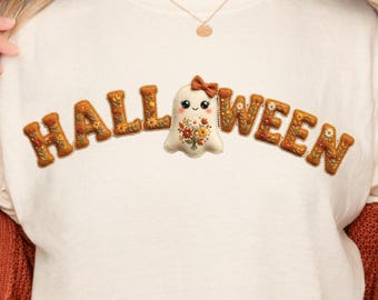 トレンディな秋のスウェットシャツ PNG、フェイク刺繍の秋のTシャツデザイン、花柄のプレッピーなハロウィン PNG、トレンディな秋のセーター、プレッピーなシャツデザイン、