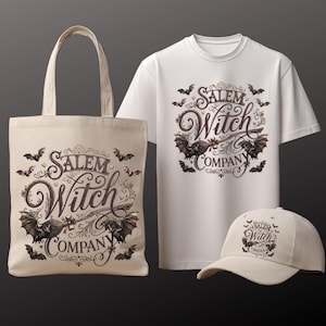 May include: A cream-colored tote bag, white t-shirt, and baseball cap featuring the text "Salem Witch Company" in a decorative font, with bat illustrations. The design is in dark brown and cream colors.