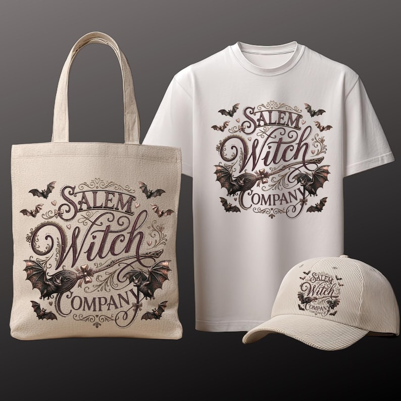 May include: A cream-colored tote bag, white t-shirt, and baseball cap featuring the text "Salem Witch Company" in a decorative font, with bat illustrations. The design is in dark brown and cream colors.