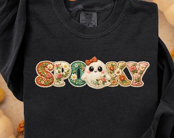 不気味なブーゴーストPNG、フェイク刺繍ゴーストTシャツデザイン、花柄ゴーストハロウィンPNG、トレンディな秋のセーター、ガーリーゴーストシャツデザイン、ボヘミアンPNG