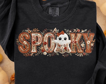 不気味なブーゴーストPNG、フェイク刺繍ゴーストTシャツデザイン、花柄ゴーストハロウィンPNG、トレンディな秋のセーター、ガーリーゴーストシャツデザイン、ボヘミアンPNG