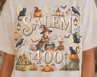 セイラム400魔女PNG、マサチューセッツ州セイラムのハロウィン、かわいい魔女のグラフィック、コテージコア秋のシャツ、フェミニスト魔女Tシャツ、ボヘミアン秋の雰囲気