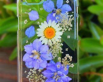 LG V30, Lg V20, Lg g6, Lg g5, HTC A9 Prensado Flores Secas Dura Plástica Teléfono Case con Flores Púrpuras y Blanco Daisy Diseño