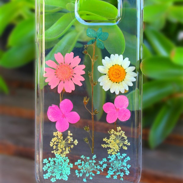 iPhone 7 Plus Floral Case- Pink & White Daisy Pressed Flowers Hard Plastic Phone Case on iPhone 8, 8 Plus, 7, 6/6s Plus, 5/5s, SE, 4/4s