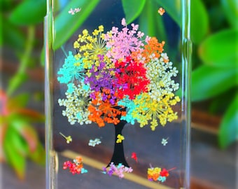 Rainbow Dried Flower Tree iPhone Case - Handmade Resin Floral Cover