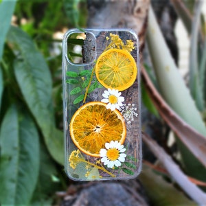 Pressed Flowers & Orange on Samsung S21, S20, S20, S20 Ultra, Galaxy S10, S10, Samsung S9, Galaxy S8, S8 Soft Silicone Fruits Phone Case image 1