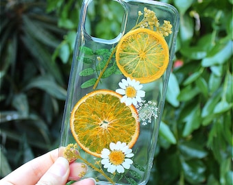 Handmade Pressed Flower Phone Case: Orange Fruit & Floral Design