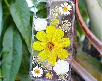 Pressed Flower iPhone Case: Real Yellow Flowers & Gold Flakes