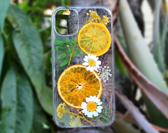 Pressed Flowers & Orange on Samsung S21, S20, S20+, S20 Ultra, Galaxy S10, S10+, Samsung S9, Galaxy S8, S8+ Soft Silicone Fruits Phone Case