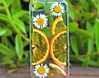 Pressed Orange & Daisy iPhone Case: Handmade Soft Silicone Cover