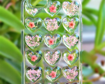 Fleurs roses séchées pressées en 3D Heart Shapes iPhone 11 11 Pro 11 Pro Max, iPhone X XS XS Max XR SE iPhone 6/6s 7 7 Plus 8 8 Plus Phone Case