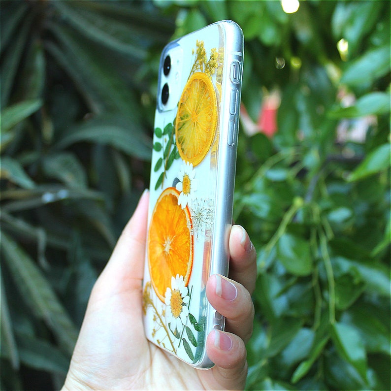 Pressed Flowers & Orange on Samsung S21, S20, S20, S20 Ultra, Galaxy S10, S10, Samsung S9, Galaxy S8, S8 Soft Silicone Fruits Phone Case image 5