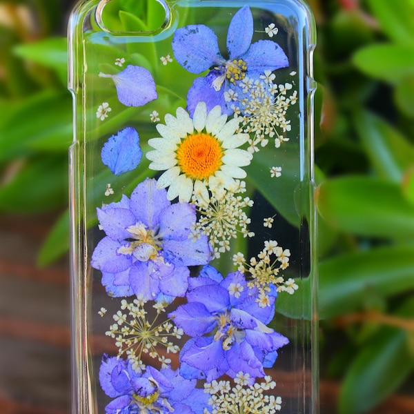 Lila Blumen weiß Gänseblümchen Handytasche auf Samsung Galaxy A10E, A51, A3, A5, A7, J7, J7 Pro, J3, E7, Alpha G850, auf 5 -gepresste Blumen Fall