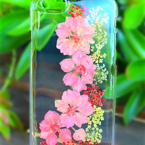 Pressed Flowers iPhone 6s Case-Pink Larkspur Flowers & Wild Carrots Flowers iPhone 6, 5/5s, SE, 5C Hard Plastic Snap On Phone Case