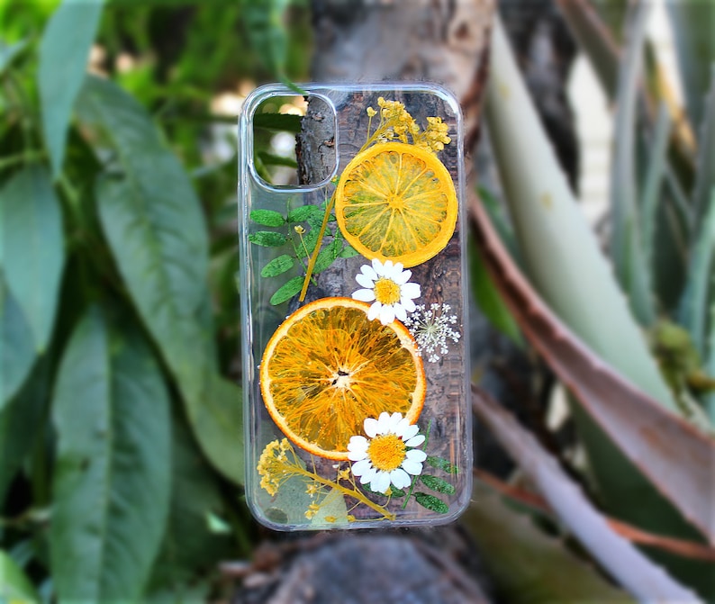 Pressed Flowers & Orange on Samsung S21, S20, S20, S20 Ultra, Galaxy S10, S10, Samsung S9, Galaxy S8, S8 Soft Silicone Fruits Phone Case image 1