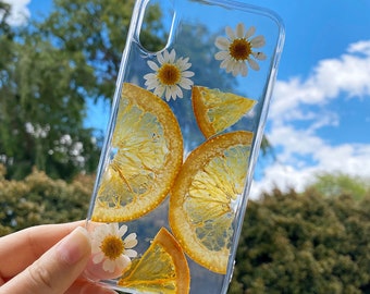 Fleurs séchées pressées/oranges sur iPhone 8, 7, 6, 8 Plus, 7 Plus, SE, iPhone X (10), XS, Xs Max, XR Soft Silicone Fruits/ Daisies Phone Case