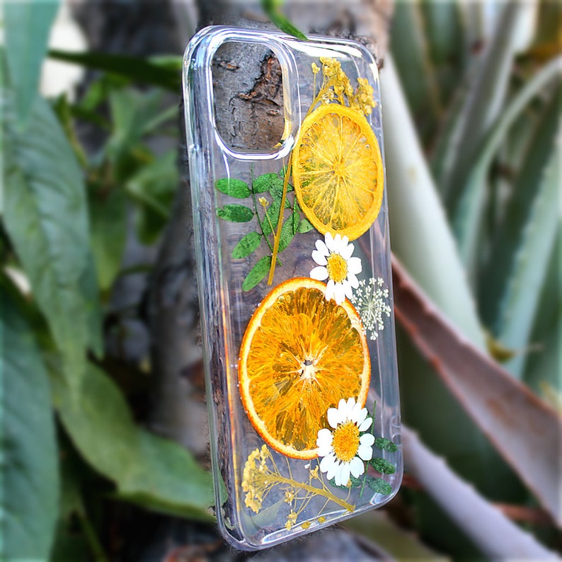 Pressed Flowers & Orange on Samsung S21, S20, S20, S20 Ultra, Galaxy S10, S10, Samsung S9, Galaxy S8, S8 Soft Silicone Fruits Phone Case image 2